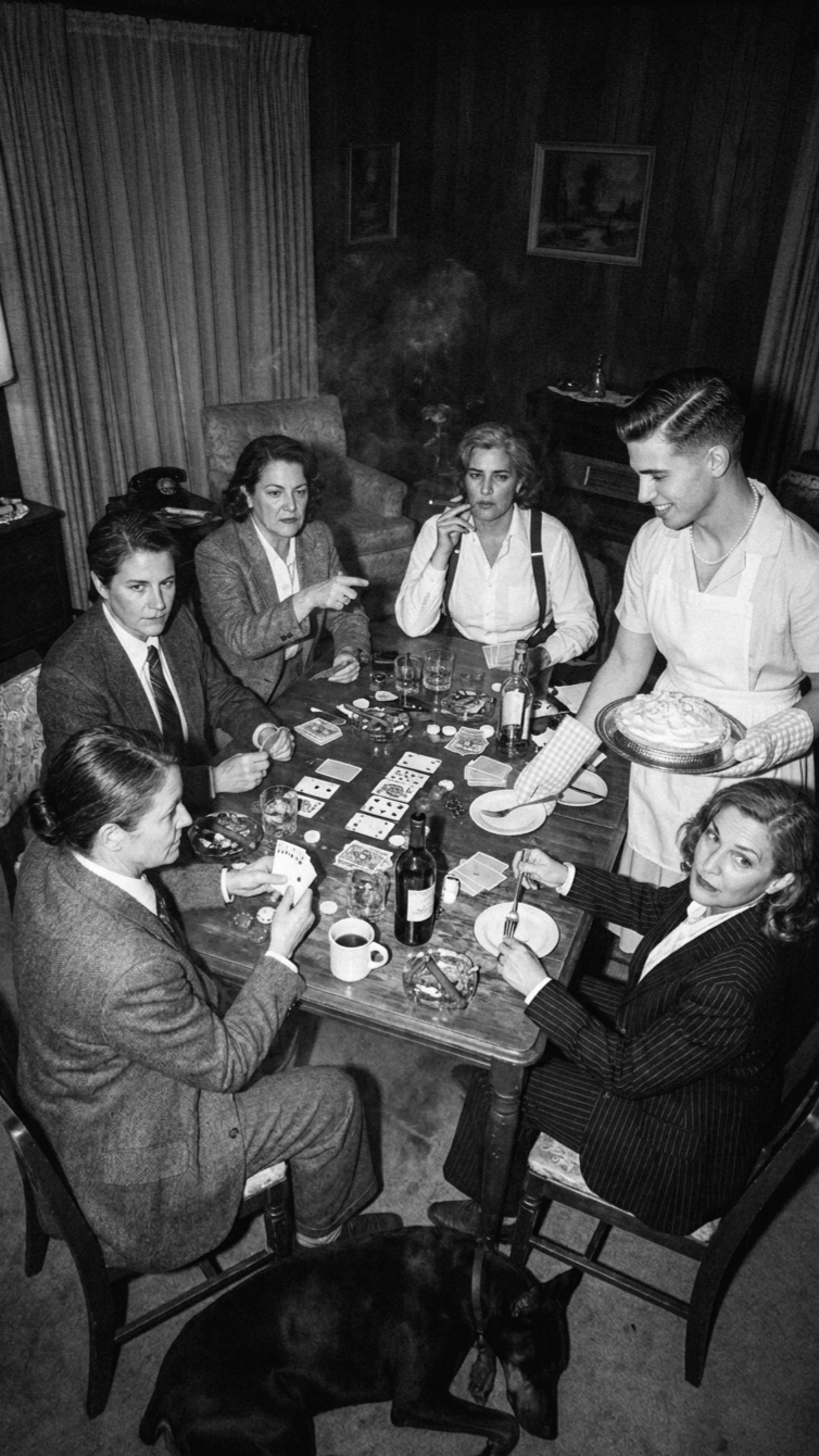A black-and-white card game scene with women in tailored suits gathered around a table while a man serves food.
