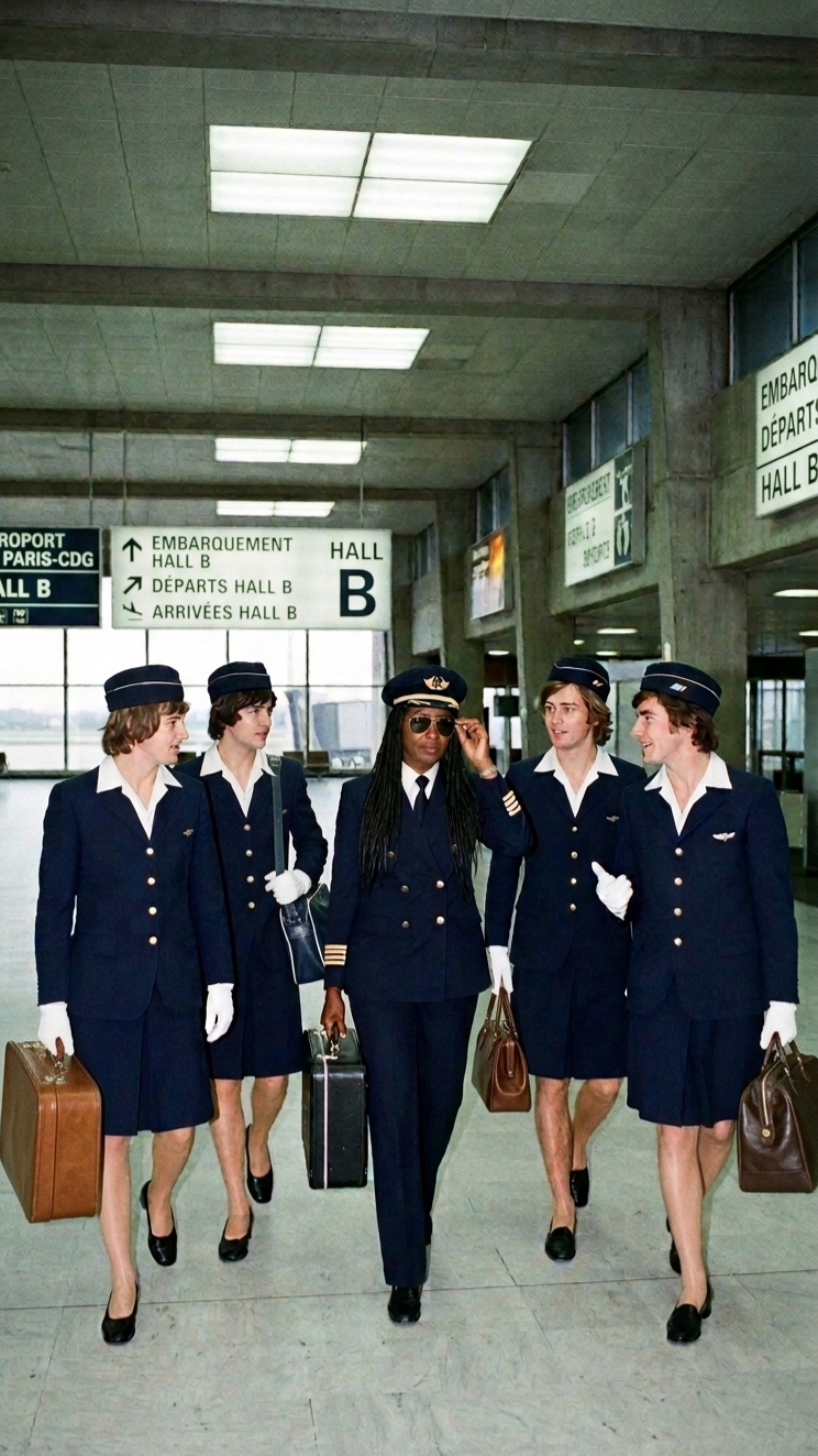 A group of women in vintage airline uniforms walking through an airport terminal, led by a Black pilot.
