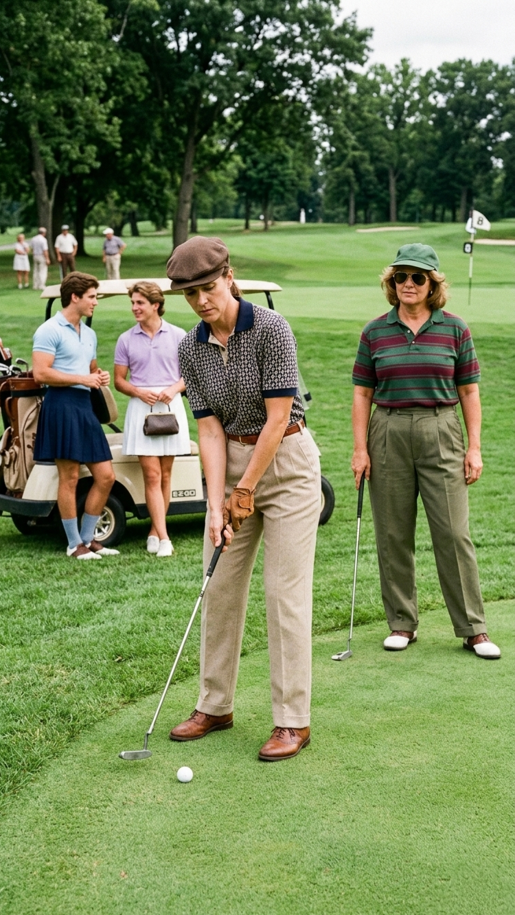 Women playing golf in masculine vintage sportswear while men wearing skirts stand near a golf cart.