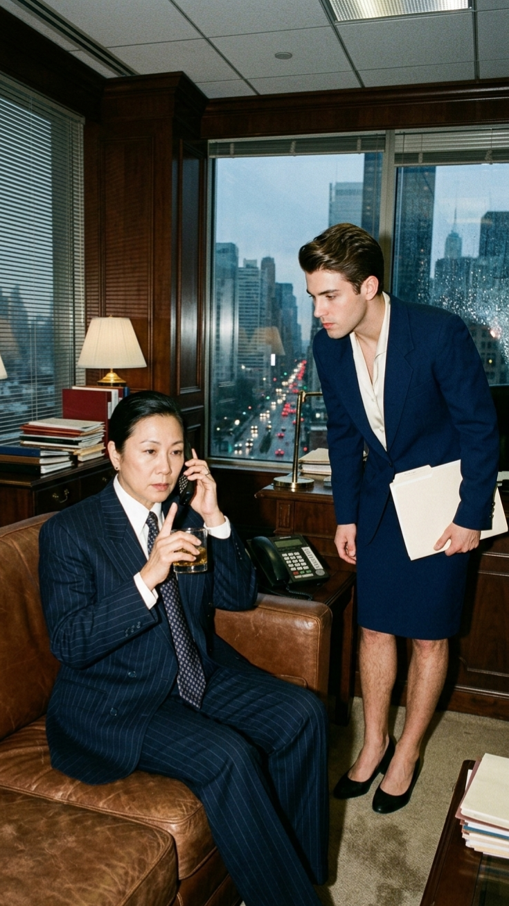 A woman in a pinstripe suit seated on the telephone in an executive office while a man in a skirt suit stands beside her.